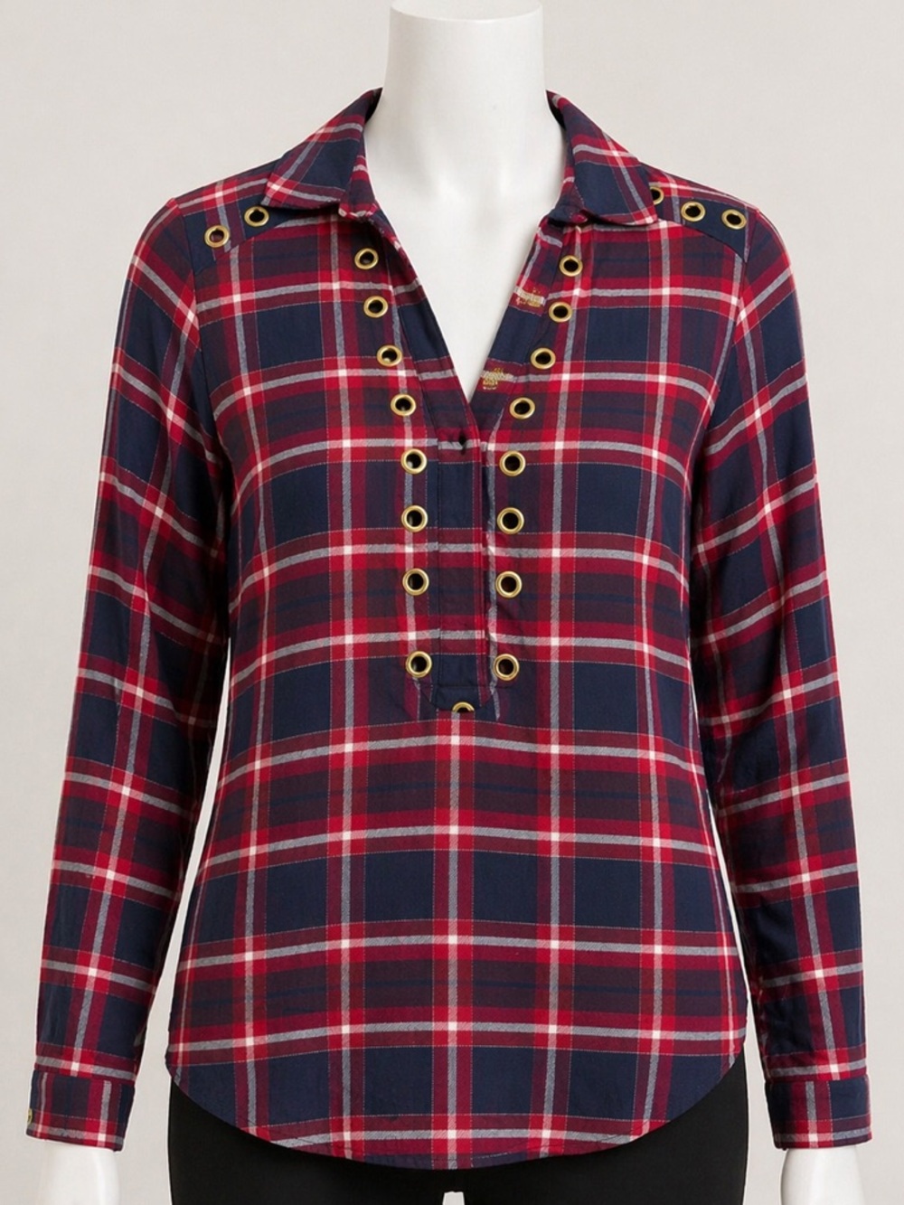Michael Kors Navy & Red Plaid Button-Down Shirt with Gold Grommet Trim